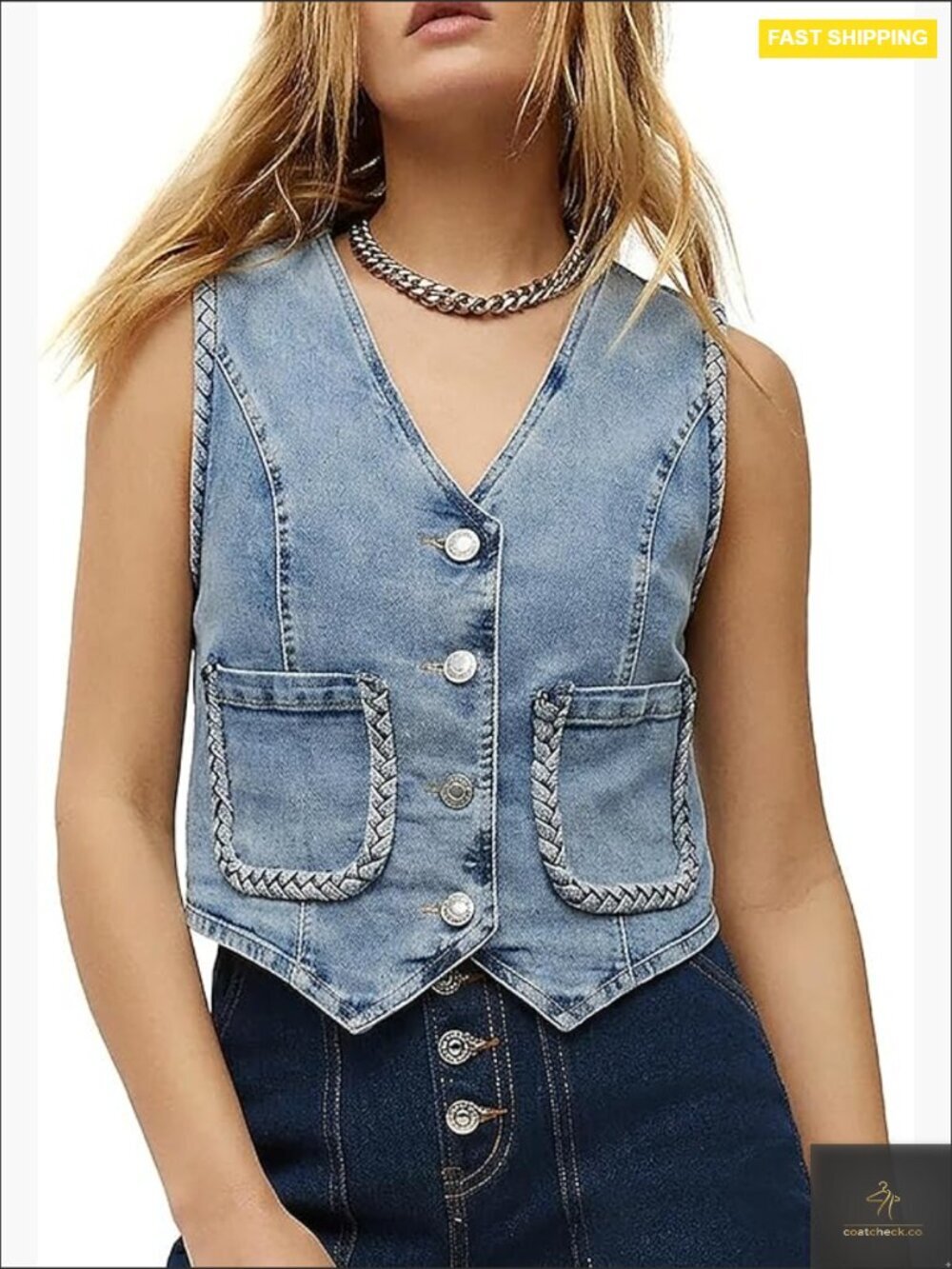 Sleeveless Crop Denim Vest Fitted Western Corset Jean Shirt with Pockets Button